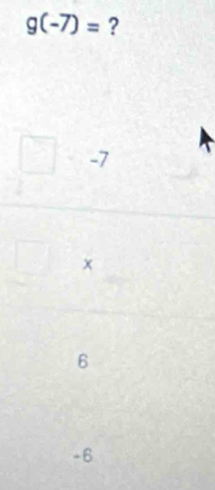 g(-7)= ?
-7
x
6
-6