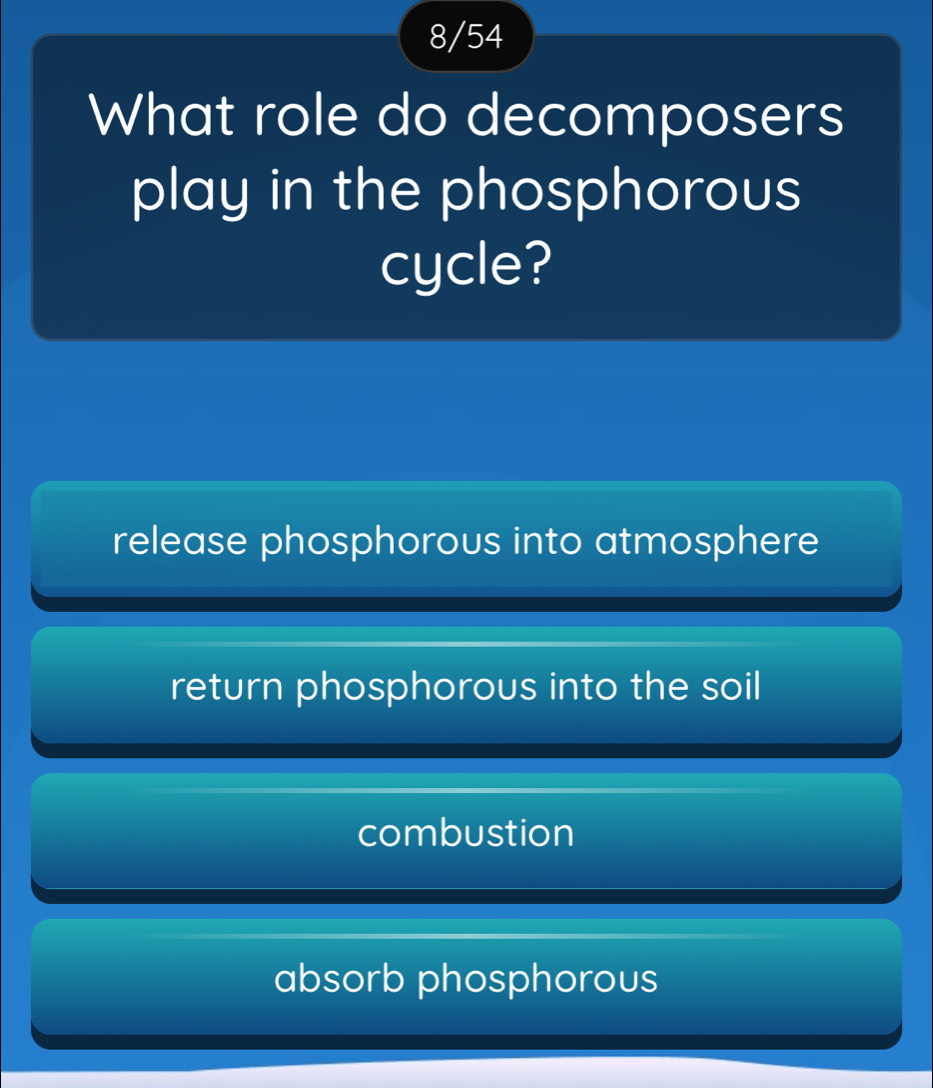 8/54
What role do decomposers
play in the phosphorous
cycle?
release phosphorous into atmosphere
return phosphorous into the soil
combustion
absorb phosphorous