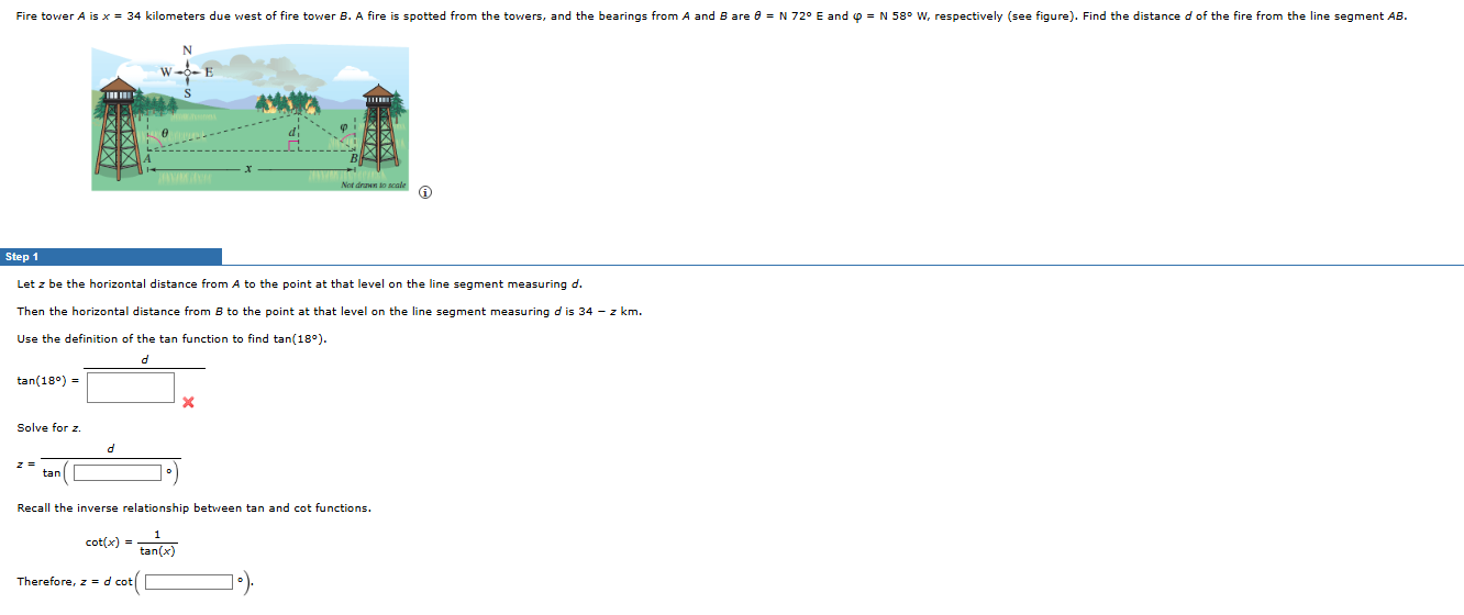 Fire tower A is x=34 kilometers due west of fire tower B. A fire is spotted from the towers, and the bearings from A and B are θ =N72°E and varphi =N58°W , respectively (see figure). Find the distance d of the fire from the line segment AB. 
Step 1
Let z be the horizontal distance from A to the point at that level on the line segment measuring d. 
Then the horizontal distance from B to the point at that level on the line segment measuring d is 
o
tan (18°)=frac 
Solve for z.
 d/tan (□°) 
cot (x)= 1/tan (x) 
Therefore, z=dcot (□°).