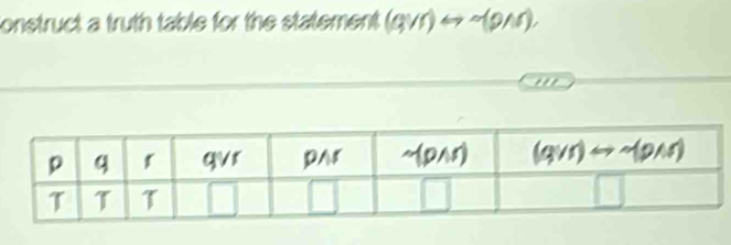 Construct a truth table for the statement (qvee r)rightarrow sim (pwedge r),