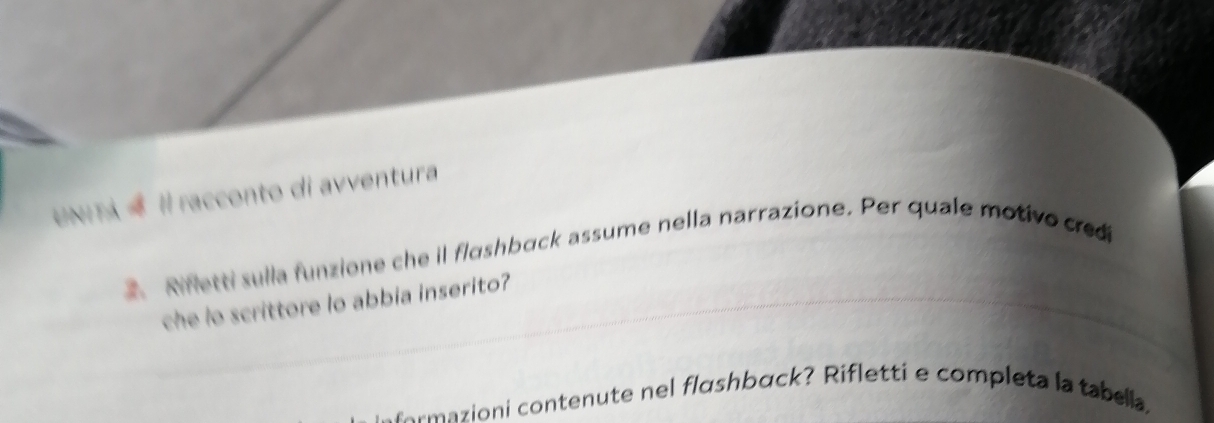 UNITA « Il racconto di avventura 
2. Rfletti sulla funzione che il flashback assume nella narrazione. Per quale motivo credi 
che lo scrittore lo abbia inserito? 
cormazioni contenute nel flɑshbück? Rifletti e completa la tabella,