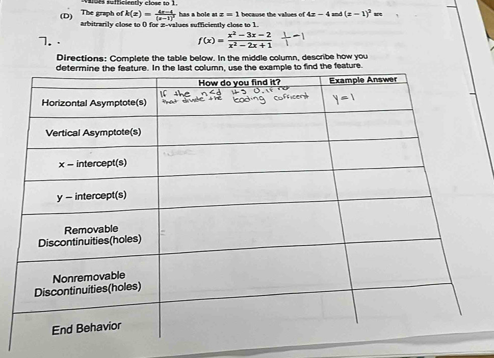 values sufficiently close to 1. 
(D) The graph of k(x)=frac 4x-4(x-1)^2 has a hole at x=1 because the values of 4x-4 and (z-1end(pmatrix)^2equiv e 
arbitrarily close to 0 for z-values sufficiently close to 1. 
7.
f(x)= (x^2-3x-2)/x^2-2x+1 
Directions: Complete the table below. In the middle column, describe how you 
d the feature.