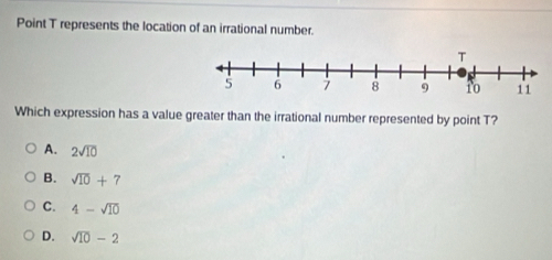 Point T represents the location of an irrational number.
Which expression has a value greater than the irrational number represented by point T?
A. 2sqrt(10)
B. sqrt(10)+7
C. 4-sqrt(10)
D. sqrt(10)-2