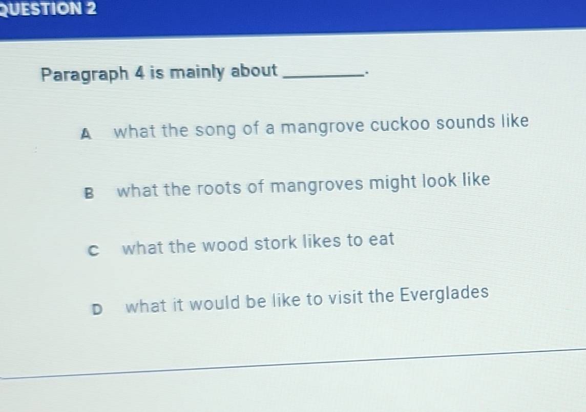 Paragraph 4 is mainly about_
.'
A what the song of a mangrove cuckoo sounds like
B what the roots of mangroves might look like
c what the wood stork likes to eat
D what it would be like to visit the Everglades