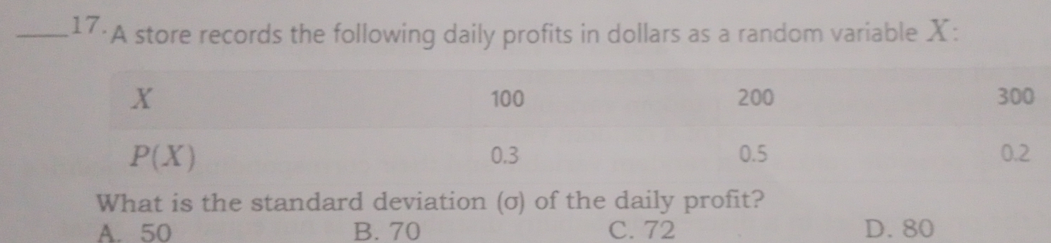 A store records the following daily profits in dollars as a random variable X:
What is the standard deviation (σ) of the daily profit?
A. 50 B. 70 C. 72 D. 80