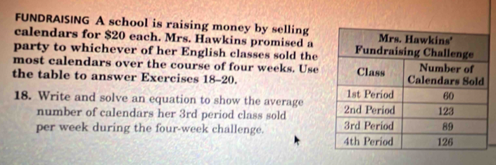 FUNDRAISING A school is raising money by selling 
calendars for $20 each. Mrs. Hawkins promised a 
party to whichever of her English classes sold the 
most calendars over the course of four weeks. Use 
the table to answer Exercises 18-20. 
18. Write and solve an equation to show the average 
number of calendars her 3rd period class sold 
per week during the four-week challenge.