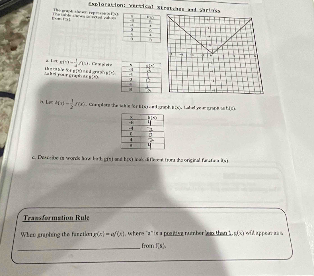 Exploration: Vertical Stretches and Shrinks
The graph shown represents f(x).
The table shows selected values
from f(x).
a. Let g(x)= 1/4 f(x) , Complete
the table for g(x) and graph g(x).
Label your graph as g(x).
b. Let h(x)= 1/2 f(x). Complete the table for h(x) and graph h(x) Label your graph as h(x).
c. Describe in words how both g(x) and h(x) look different from the original function f(x).
Transformation Rule
When graphing the function g(x)=af(x) , where “a” is a positive number less than 1. g(x) will appear as a
_from f(x).