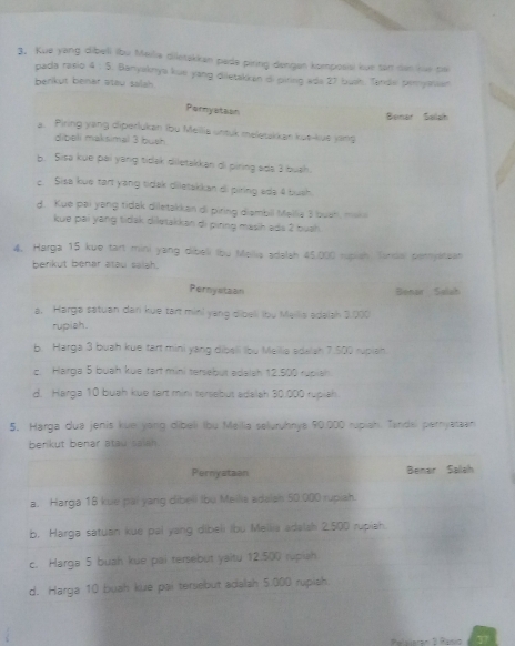 Kue yang dibell lbu Melia diletskkan pade piring dengen kompossi kue ta den lve bai
pada rasio 4 : 5. Banysknya kue yang diletakkan di piting ada 27 bush. Tende pemyasen
berikut benar atau salah 
Pernyataon
Benar Sailah
a. Piring yang diperlukan ibu Mellia untuk meletakkan kut-kue yang
dibeli maksimal 3 bush
b. Sisa kue pai yang tidak diletakkan di piring ada 3 buah.
c. Sisa kue tart yang tidak diletakkan di piring ada 4 bush.
d. Kue pai yang tidak diletakkan di piring diambil Mellie 3bcm^2 maka
kue pai yang tidak diletakkan di piring masih ads 2 bush.
4. Harga 15 kue tart mini yang dibeli (bu Mellia adalah 45.000 rupish Isnda porryltuan
berikut benar atau so  a 
Pernystaan  Bonar Salah
a. Harga satuan dan kue tart mini yang dibeli (bu Mellia adalsh 3,000
rupish.
b. Harga 3 buah kue tart mini yang dibell lbu Mellia adalsh 7.500 rupish.
c. Harga 5 buah kue tart mini tersebut adalsh 12,500 rupish
d. Harga 10 buah kue tart mini tersebut adalah 30.000 rupiah.
5. Harga dua jenis küe yong dibeli (bu Meilia seluruhnya 90.000 rupish. Tandel pernyataan
berikut benar atau saiah.
Pernyataan Bemar Salah
a. Harga 18 kue pai yang dibell Ibu Meilia adaish 50.000 rupish
b, Harga satuan kue pai yang dibeli Ibu Mellia adalsh 2.500 rupiah.
c. Harga 5 buah kue pai tersebut yaitu 12.500 rupush
d. Harga 10 buah kue pai tersebut adalah 5.000 rupish.
Pelsiaran 3 Réno