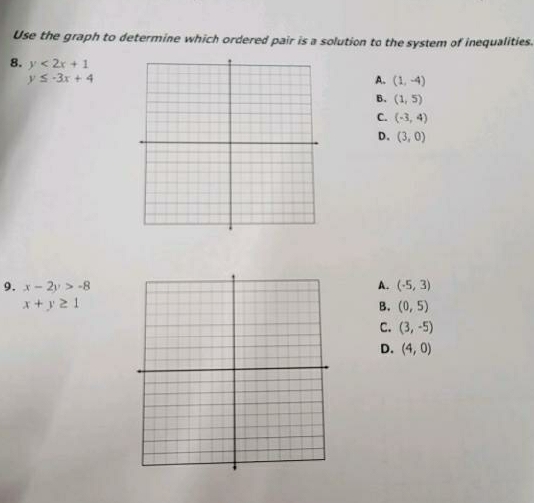 Use the graph to determine which ordered pair is a solution to the system of inequalities.
8. y<2x+1 A. (1,-4)
y≤ -3x+4
B. (1,5)
C. (-3,4)
D. (3,0)
9. x-2y>-8 A. (-5,3)
x+y≥ 1
B. (0,5)
C. (3,-5)
D. (4,0)