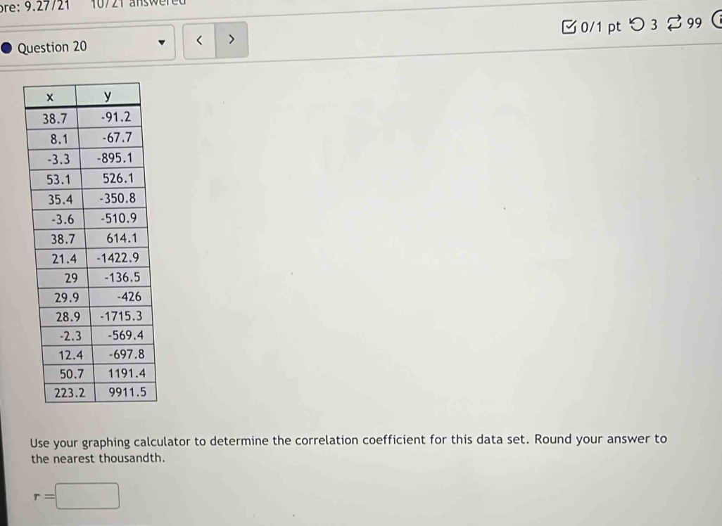 bre: 9.27/21 10721 answered
Question 20 < > □0/1 pt つ 3 [ 99 
Use your graphing calculator to determine the correlation coefficient for this data set. Round your answer to
the nearest thousandth.
r=□