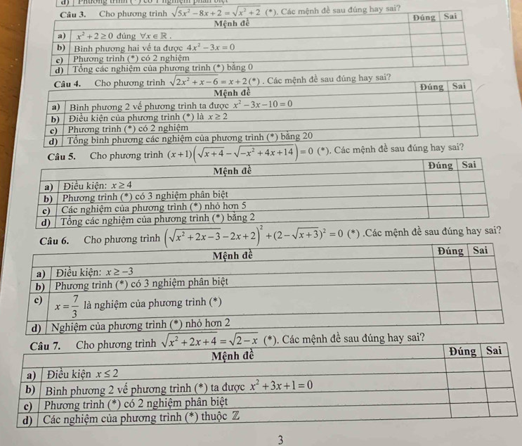 Phờng t  ( ) eo T hgmệm phânb 
trình sqrt(5x^2-8x+2)=sqrt(x^2+2)(^*). Các mệnh đề sau đúng hay sai?
(x+1)(sqrt(x+4)-sqrt(-x^2+4x+14))=0(*). Các mệnh đề sau đúng hay sai?
trình (sqrt(x^2+2x-3)-2x+2)^2+(2-sqrt(x+3))^2=0 (*) .Các mệnh đề sau đúng hay sai?
sqrt(x^2+2x+4)=sqrt(2-x)(*). Các mệnh đề sau đúng hay sai?
3