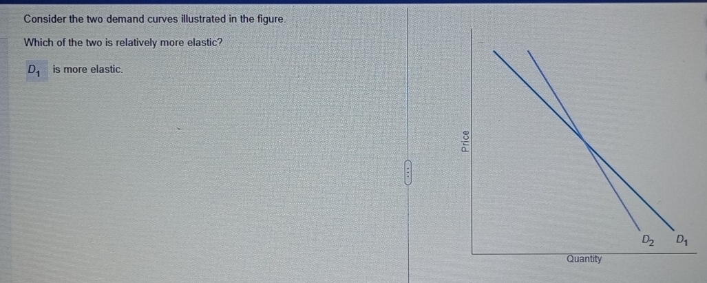 Consider the two demand curves illustrated in the figure
Which of the two is relatively more elastic?
D_1 is more elastic.