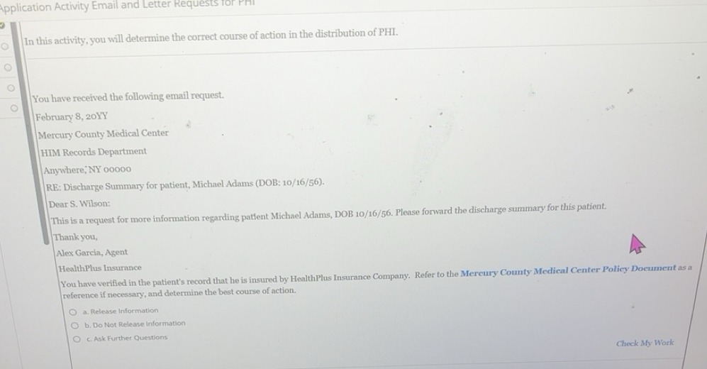 Solved: Application Activity Email and Letter Requests for PHI In this ...