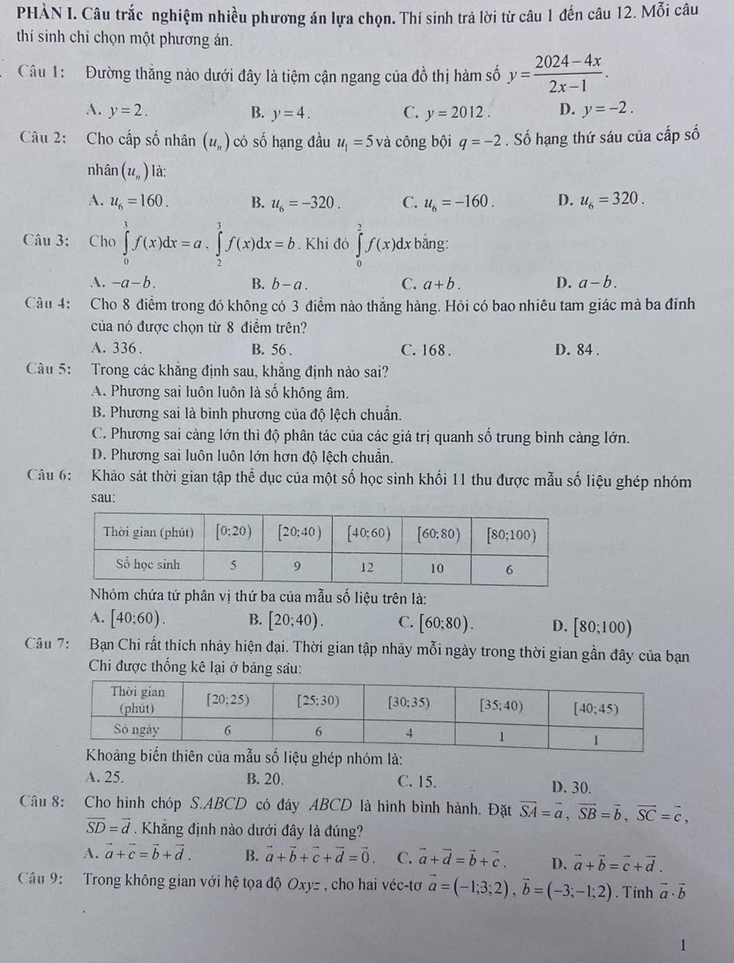 PHÀN I. Câu trắc nghiệm nhiều phương án lựa chọn. Thí sinh trả lời từ câu 1 đến câu 12. Mỗi câu
thí sinh chỉ chọn một phương án.
Câu 1:  Đường thắng nào dưới đây là tiệm cận ngang của đồ thị hàm số y= (2024-4x)/2x-1 .
A. y=2. B. y=4. C. y=2012. D. y=-2.
Câu 2: Cho cấp số nhân (u_n) có số hạng đầu u_1=5 và công bội q=-2. Số hạng thứ sáu của cấp số
nhân (u_n) là:
A. u_6=160. B. u_6=-320. C. u_6=-160. D. u_6=320.
Câu 3: Cho ∈tlimits _0^(1f(x)dx=a.∈tlimits _2^3f(x)dx=b. Khi đó ∈tlimits _0^2f(x)dx bằng:
A. -a-b. B. b-a. C. a+b. D. a-b.
Cầu 4: Cho 8 điểm trong đó không có 3 điểm nào thăng hàng. Hỏi có bao nhiêu tam giác mà ba đinh
của nó được chọn từ 8 điểm trên?
A. 336 . B. 56 . C. 168 . D. 84 .
Cầu 5: Trong các khẳng định sau, khẳng định nào sai?
A. Phương sai luôn luôn là số không âm.
B. Phương sai là bình phương của độ lệch chuẩn.
C. Phương sai càng lớn thì độ phân tác của các giá trị quanh số trung bình càng lớn.
D. Phương sai luôn luôn lớn hơn độ lệch chuẩn.
Câu 6: Khảo sát thời gian tập thể dục của một số học sinh khối 11 thu được mẫu số liệu ghép nhóm
sau:
Nhóm chứa tứ phân vị thứ ba của mẫu số liệu trên là:
A. [40:60). B. [20;40). C. [60;80).
D. [80;100)
Câu 7: Bạn Chi rất thích nhảy hiện đại. Thời gian tập nhảy mỗi ngày trong thời gian gần đây của bạn
Chi được thống kê lại ở bảng sau:
n thiên của mẫu số liệu ghép nhóm là:
A. 25. B. 20. C. 15. D. 30.
Câu 8: Cho hình chóp S.ABCD có đáy ABCD là hình bình hành. Đặt vector SA)=vector a,vector SB=vector b,vector SC=vector c,
overline SD=overline d Khẳng định nào dưới đây là đúng?
A. vector a+vector c=vector b+vector d. B. vector a+vector b+vector c+vector d=vector 0. C. vector a+vector d=vector b+vector c. D. vector a+vector b=vector c+vector d.
Câu 9:    Trong không gian với hệ tọa độ Oxy , cho hai véc-tơ vector a=(-1;3;2),vector b=(-3;-1;2). Tính vector a· vector b
1