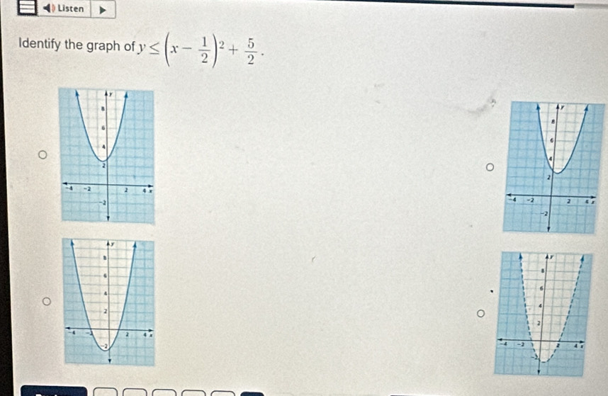 Listen 
Identify the graph of y≤ (x- 1/2 )^2+ 5/2 .