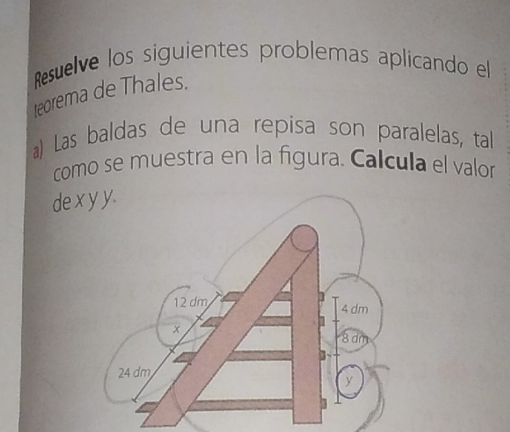 Resuelve los siguientes problemas aplicando el 
teorema de Thales. 
a) Las baldas de una repisa son paralelas, tal 
como se muestra en la figura. Calcula el valor 
de x