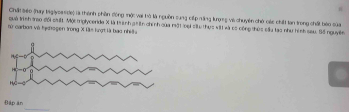 Chất béo (hay triglyceride) là thành phần đóng một vai trò là nguồn cung cấp năng lượng và chuyên chở các chất tan trong chất béo của
quá trình trao đổi chất. Một triglyceride X là thành phần chính của một loại đầu thực vật và có công thức cấu tạo như hình sau. Số nguyên
từ carbon và hydrogen trong X lần lượt là bao nhiêu
_
Đập ân