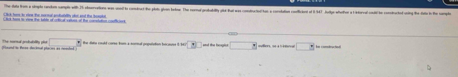 The data from a simple random sample with 25 observations was used to construct the plots given below. The noral grobability plot that was cosstructed has a correlatian coefficient of 0947. Judige whether a 1 interval could be construched uning the data in the sample 
Click here to view the normal probability sket and the boxplot. 
Cick here to view the table of critical values of the correlation coefficient 
(Round to three decinal places as needed The normal probability gilot □ the data could corse from a normal population because 0.947 □ □ and the beopitot □ ouers, so a Hntorra □ be constructed