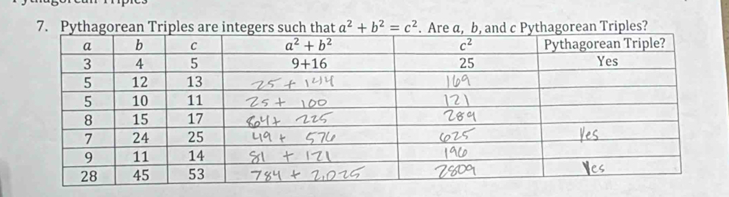 Pythagorean Triples are integers such that a^2+b^2=c^2 Are a, b, and c Pythagorean Triples?