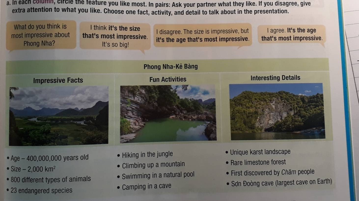 In each column, circle the feature you like most. In pairs: Ask your partner what they like. If you disagree, give
extra attention to what you like. Choose one fact, activity, and detail to talk about in the presentation.
What do you think is I think it's the size
I disagree. The size is impressive, but l agree. It's the age
most impressive about that's most impressive. it's the age that's most impressive. that's most impressive.
Phong Nha? It's so big!
Phong Nha-Kẻ Bàng
Impressive Facts Interesting Details
Age - 400,000,000 years old Hiking in the jungle Unique karst landscape
Size -2,000km^2 Climbing up a mountain Rare limestone forest
800 different types of animals Swimming in a natural pool First discovered by Chăm people
23 endangered species Camping in a cave Sơn Đoòng cave (largest cave on Earth)