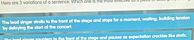 Here are 3 variations of a sentence. Which one is the most effective us a ple
The lead singer strolls to the front of the stage and stops for a moment, waiting, building tension
by delaying the start of the concert.
er sounters to the front of the stage and pauses as expectation crackles like static.