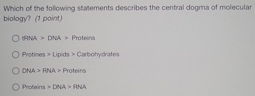 Which of the following statements describes the central dogma of molecular
biology? (1 point)
tRNA>DNA> Pro + eins
Protines>Lipids> Carbohydrates
DNA>RNA> Proteins
Proteins>DNA>RNA