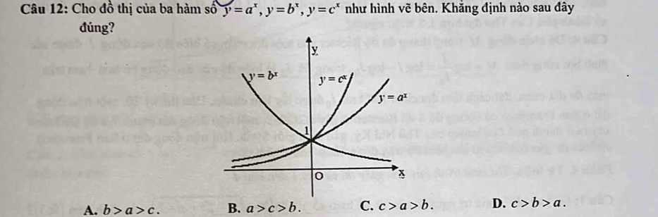 Cho đồ thị của ba hàm số y=a^x,y=b^x,y=c^x như hình vẽ bên. Khắng định nào sau đây
đúng?
A. b>a>c. B. a>c>b. C. c>a>b. D. c>b>a.