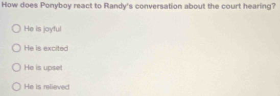 How does Ponyboy react to Randy's conversation about the court hearing?
He is joyful
He is excited
He is upset
He is relieved