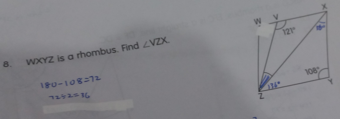 WXYZ is a rhombus. Find ∠ VZX.