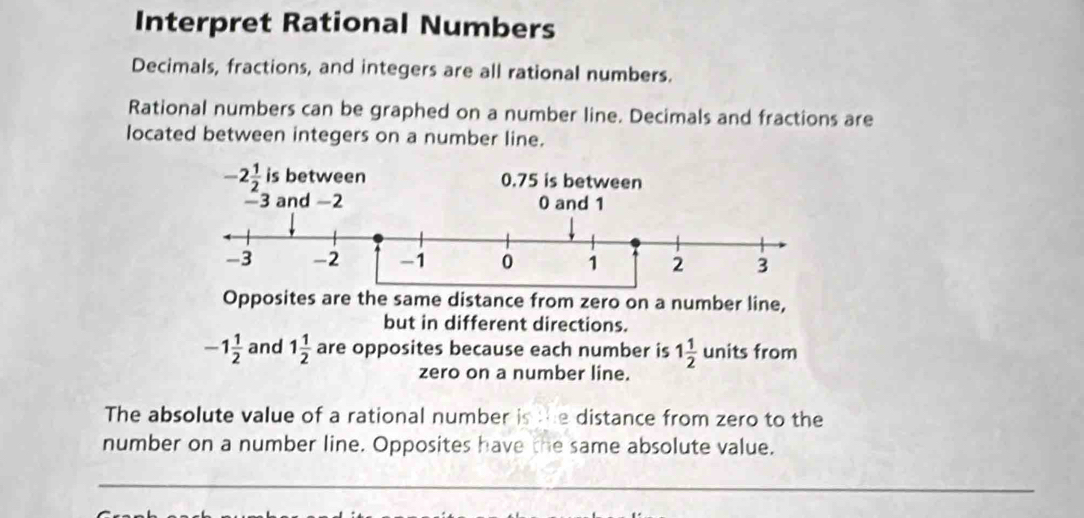 Interpret Rational Numbers 
Decimals, fractions, and integers are all rational numbers. 
Rational numbers can be graphed on a number line. Decimals and fractions are 
located between integers on a number line.
-2 1/2  is between 0.75 is between
−3 and −2 0 and 1
-3 -2 -1 0 1 2 3
Opposites are the same distance from zero on a number line, 
but in different directions.
-1 1/2  and 1 1/2  are opposites because each number is 1 1/2  units from 
zero on a number line. 
The absolute value of a rational number is the distance from zero to the 
number on a number line. Opposites have the same absolute value. 
_