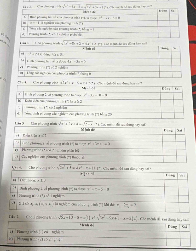 Câu 2, Cho phương trình sqrt(x^2-4x-5)=sqrt(2x^2+3x+1)(*) đề sau đúng hay sai?
có đ
anh Câu sqrt(5x^2-8x+2)=sqrt(x^2+2)(*)
aA Câu 4. Cho phương trình sqrt(2x^2+x-6)=x+2(*). 
Câu 5. Cho phương trình sqrt(x^2+2x+4)=sqrt(2-x)(. . Các mệnh đề sau đủng
Câu 6. Cho phương trình sqrt(2x^2+5)=sqrt(x^2-x+11) (*) . Các mệnh đề sau đùn
Câu 7. Cho 2 phương trình sqrt(5x+10)=8-x(1) và sqrt(3x^2-9x+1)=x-2(2). Các mệnh đề sau đúng hay sai?