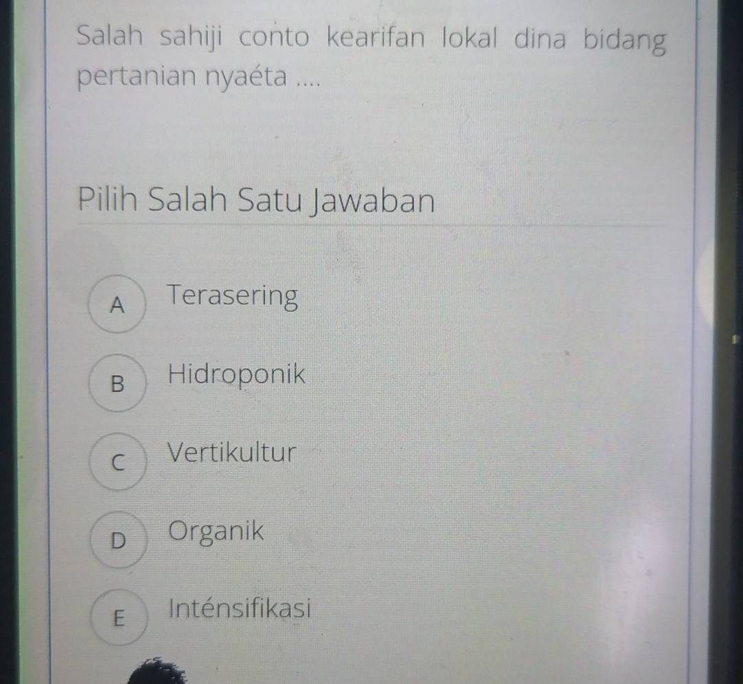 Salah sahiji conto kearifan lokal dina bidang
pertanian nyaéta ....
Pilih Salah Satu Jawaban
A Terasering
B Hidroponik
c Vertikultur
D Organik
E Inténsifikasi