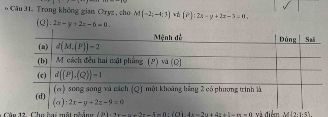 -(-) e_ +e_ 
» Câu 31. Trong không gian Oxyz , cho M(-2;-4;3) và (P):2x-y+2z-3=0,
(Q): 2x-y+2z-6=0.
Câu 32. Cho hai mặt nhẳng (p)· 2x-y+2z-5=0:(O):4x-2y+4z+1-m=0 và điểm M(2:1:5)