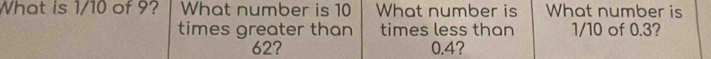 What is 1/10 of 9? What number is 10 What number is What number is 
times greater than times less than 1/10 of 0.3?
62? 0.4?