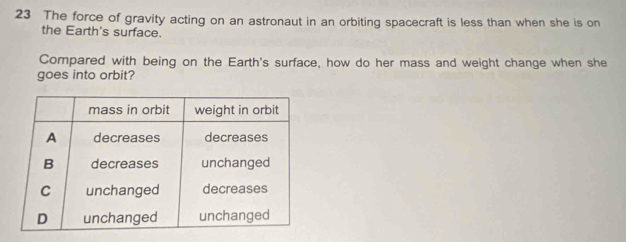 The force of gravity acting on an astronaut in an orbiting spacecraft is less than when she is on 
the Earth's surface. 
Compared with being on the Earth's surface, how do her mass and weight change when she 
goes into orbit?