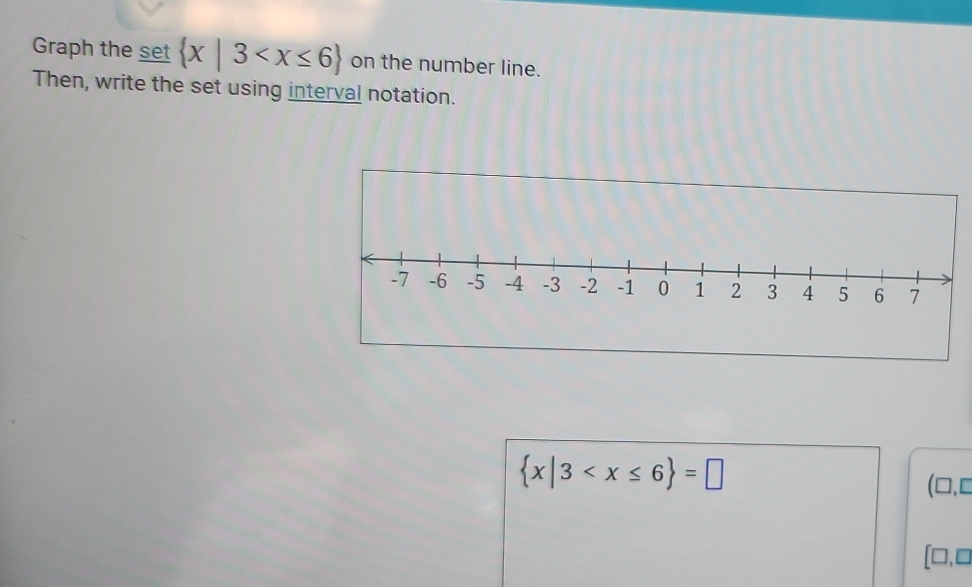 Graph the set  x|3 on the number line. 
Then, write the set using interval notation.
 x|3
(□,0 
□ .□