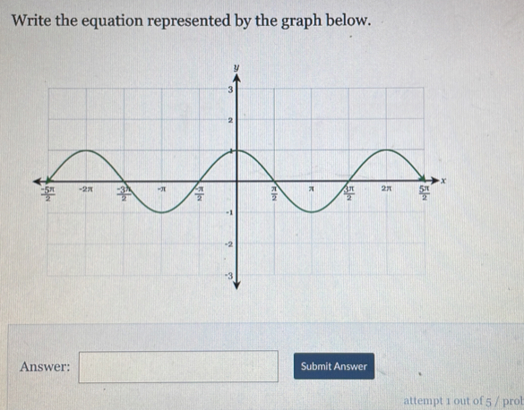 Write the equation represented by the graph below.
Answer: □ Submit Answer
attempt 1 out of 5 / prob