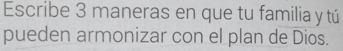 Escribe 3 maneras en que tu familia y tú 
pueden armonizar con el plan de Dios.