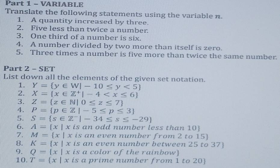 Solved: VARIABLE Translate the following statements using the variable ...