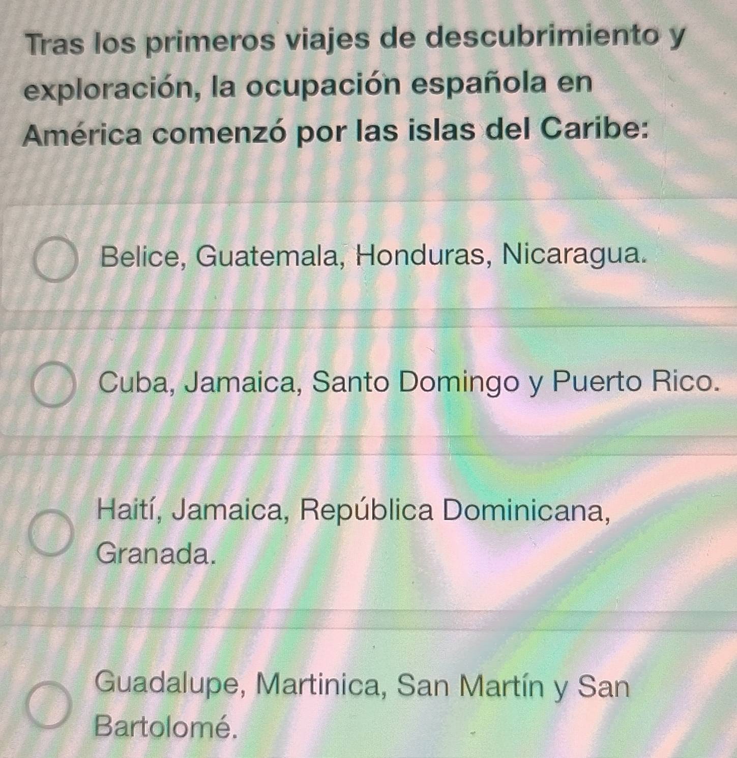 Tras los primeros viajes de descubrimiento y
exploración, la ocupación española en
América comenzó por las islas del Caribe:
Belice, Guatemala, Honduras, Nicaragua.
Cuba, Jamaica, Santo Domingo y Puerto Rico.
Haití, Jamaica, República Dominicana,
Granada.
Guadalupe, Martinica, San Martín y San
Bartolomé.