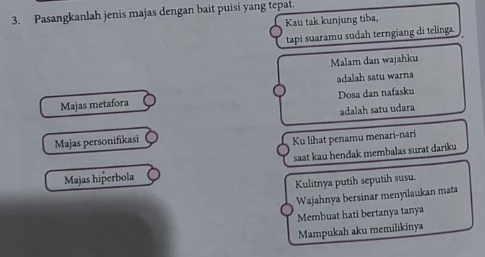 Pasangkanlah jenis majas dengan bait puisi yang tepat. 
Kau tak kunjung tiba, 
tapi suaramu sudah terngiang di telinga. 
Malam dan wajahku 
adalah satu warna 
Dosa dan nafasku 
Majas metafora 
adalah satu udara 
Majas personifikasi 
Ku lihat penamu menari-nari 
Majas hiperbola saat kau hendak membalas surat dariku 
Kulitnya putih seputih susu. 
Wajahnya bersinar menyilaukan mata 
Membuat hati bertanya tanya 
Mampukah aku memilikinya