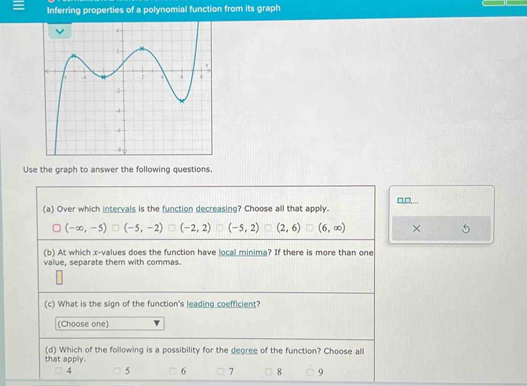 Inferring properties of a polynomial function from its graph
Use the graph to answer the following questions.
],□,…
(a) Over which intervals is the function decreasing? Choose all that apply.
(-∈fty ,-5) (-5,-2) (-2,2) (-5,2) (2,6) (6,∈fty ) ×
(b) At which x -values does the function have local minima? If there is more than one
value, separate them with commas.
(c) What is the sign of the function's leading coefficient?
(Choose one)
(d) Which of the following is a possibility for the degree of the function? Choose all
that apply.
4 5 6 7 8 9