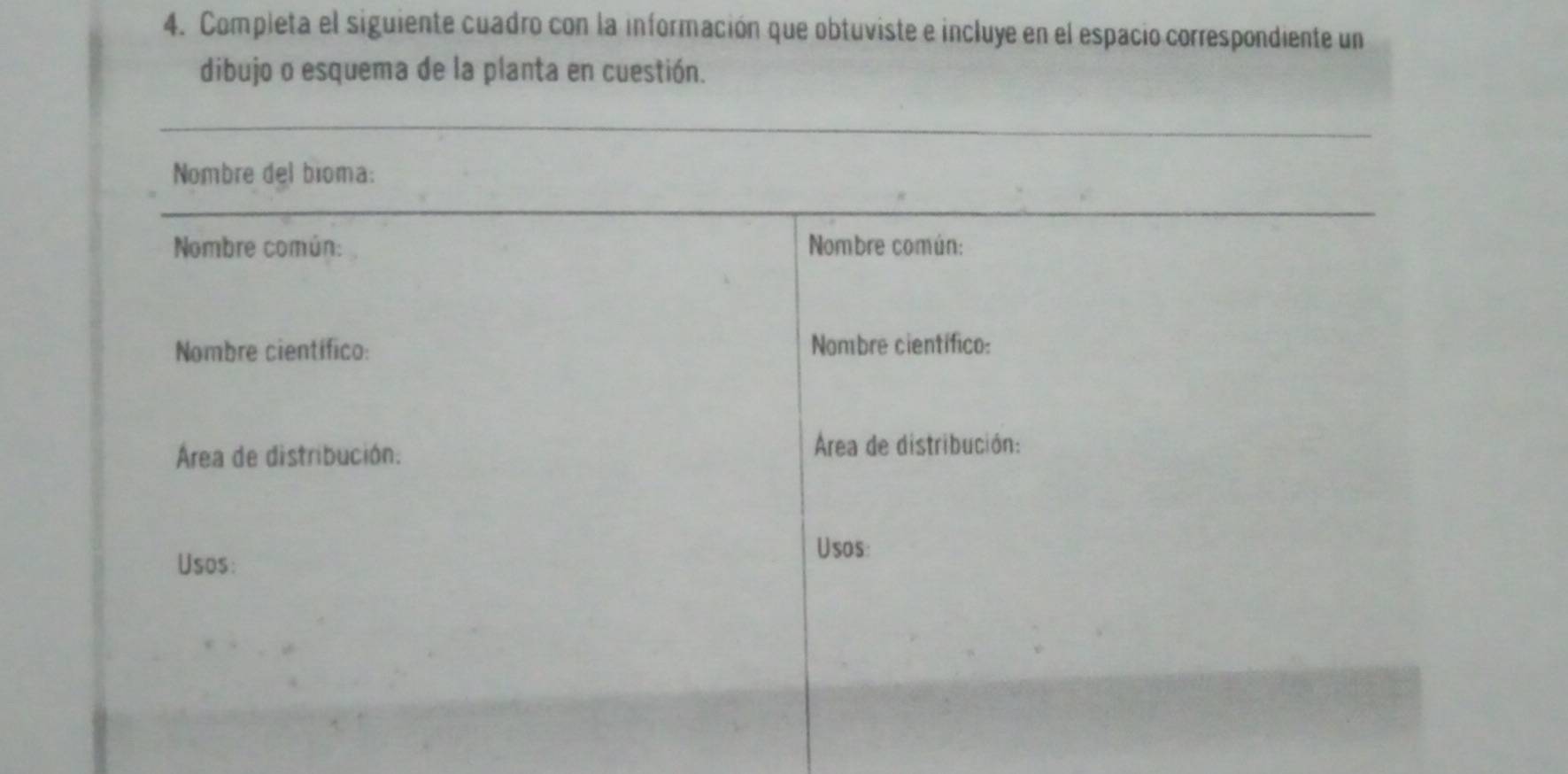 Completa el siguiente cuadro con la información que obtuviste e incluye en el espacio correspondiente un 
dibujo o esquema de la planta en cuestión. 
_ 
Nombre del bioma: 
_ 
Nombre común: Nombre común: 
Nombre científico: Nombre científico: 
Área de distribución. 
Área de distribución: 
Usos: 
Usos: