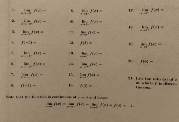 limlimits _xto -3^-f(x)= 9. limlimits _xto 2^-f(x)= 17. limlimits _xto 6^-f(x)=
2. limlimits _xto -3^+f(x)= 10. limlimits _xto 2^+f(x)=
18. limlimits _xto 6^+f(x)=
3. limlimits _xto -3f(x)= 11. limlimits _xto 2f(x)=
4. f(-3)= 12. f(2)= 19. limlimits _xto 6f(x)=
5. limlimits _xto -1^-f(x)= 13. limlimits _xto 4^-f(x)=
6. limlimits _xto -1^+f(x)= 14. limlimits _xto 4^+f(x)= 20. f(6)=
7. limlimits _xto -1f(x)= 15. limlimits _xto 4f(x)= 21. List the value(s) of x
at which f is discon- 
8. f(-1)= 16. f(4)= tinuous. 
Note that the function is contimuous at x=4 and hence
limlimits _xto 4f(x)=limlimits _xto 4^-f(x)=limlimits _xto 4^+f(x)=f(4)=-1.