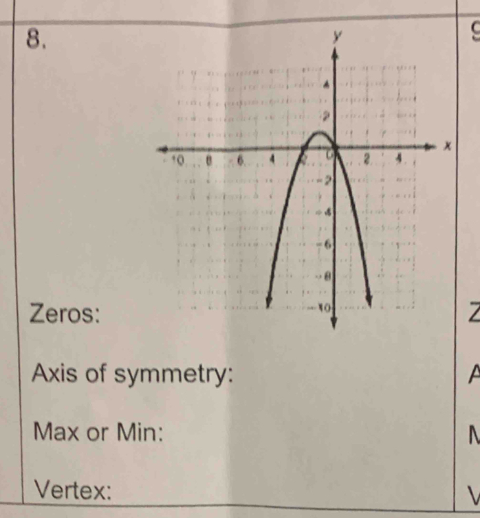 Zeros: 
Axis of symmetry: A 
Max or Min: 
Vertex: