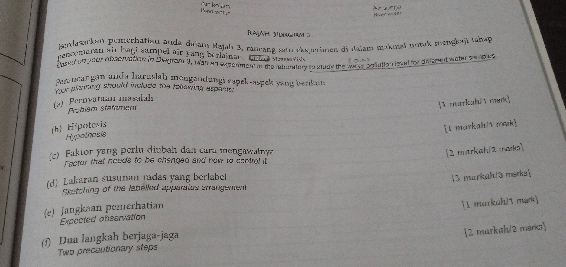 Air kolam 
Air sungai 
Pond water 
River water 
RAJAH 3/DIAGRAM 3 
Berdasarkan pemerhatian anda dalam Rajah 3, rancang satu eksperimen di dalam makmal untuk mengkaji tahap 
pencemaran air bagi sampel air yang berlainan. Mac Menganalisis 
C a 
Based on your observation in Diagram 3, plan an experiment in the laboratory to study the water pollution level for different water samples 
Perancangan anda haruslah mengandungi aspek-aspek yang berikut: 
Your planning should include the following aspects: 
(a) Pernyataan masalah 
Problem statement 
[1 markah/1 mark] 
(b) Hipotesis 
[1 markah/1 mark] 
Hypothesis 
(c) Faktor yang perlu diubah dan cara mengawalnya [2 markah/2 marks] 
in 
Factor that needs to be changed and how to control it 
(d) Lakaran susunan radas yang berlabel 
[3 markah/3 marks] 
Sketching of the labelled apparatus arrangement 
(e) Jangkaan pemerhatian 
[1 markah/1 mark] 
Expected observation 
[2 markah/2 marks] 
(f) Dua langkah berjaga-jaga 
Two precautionary steps