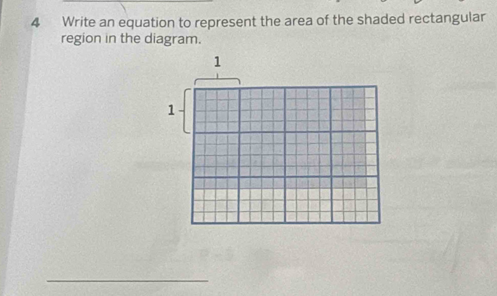 Write an equation to represent the area of the shaded rectangular 
region in the diagram. 
_