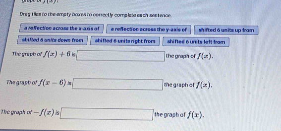 Drag tiles to the empty boxes to correctly complete each sentence.
a reflection across the x-axis of a reflection across the y-axis of shifted 6 units up from
shifted 6 units down from shifted 6 units right from shifted 6 units left from
The graph of f(x)+6 is □ the graph of f(x).
The graph of f(x-6) is □ the graph of f(x).
The graph of -f(x) is □ the graph of f(x).