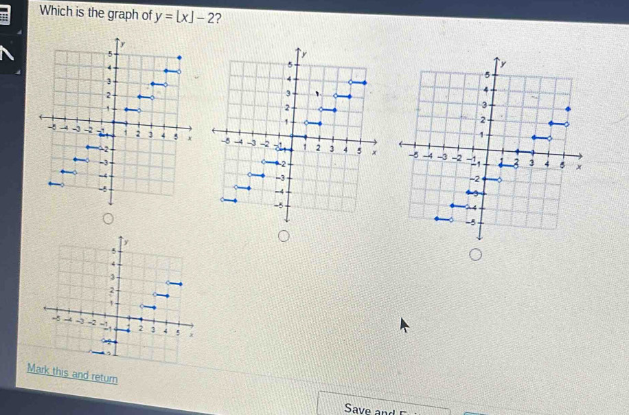 Solved: Which is the graph of y=[x]-2 ? y 5 y 4 5 3 4 2 3 、 1 2 1 -5 -4 ...
