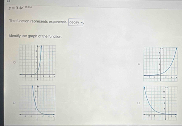 66
y=0.4e^(-0.25x)
The function represents exponential decay 
Identify the graph of the function. 
。